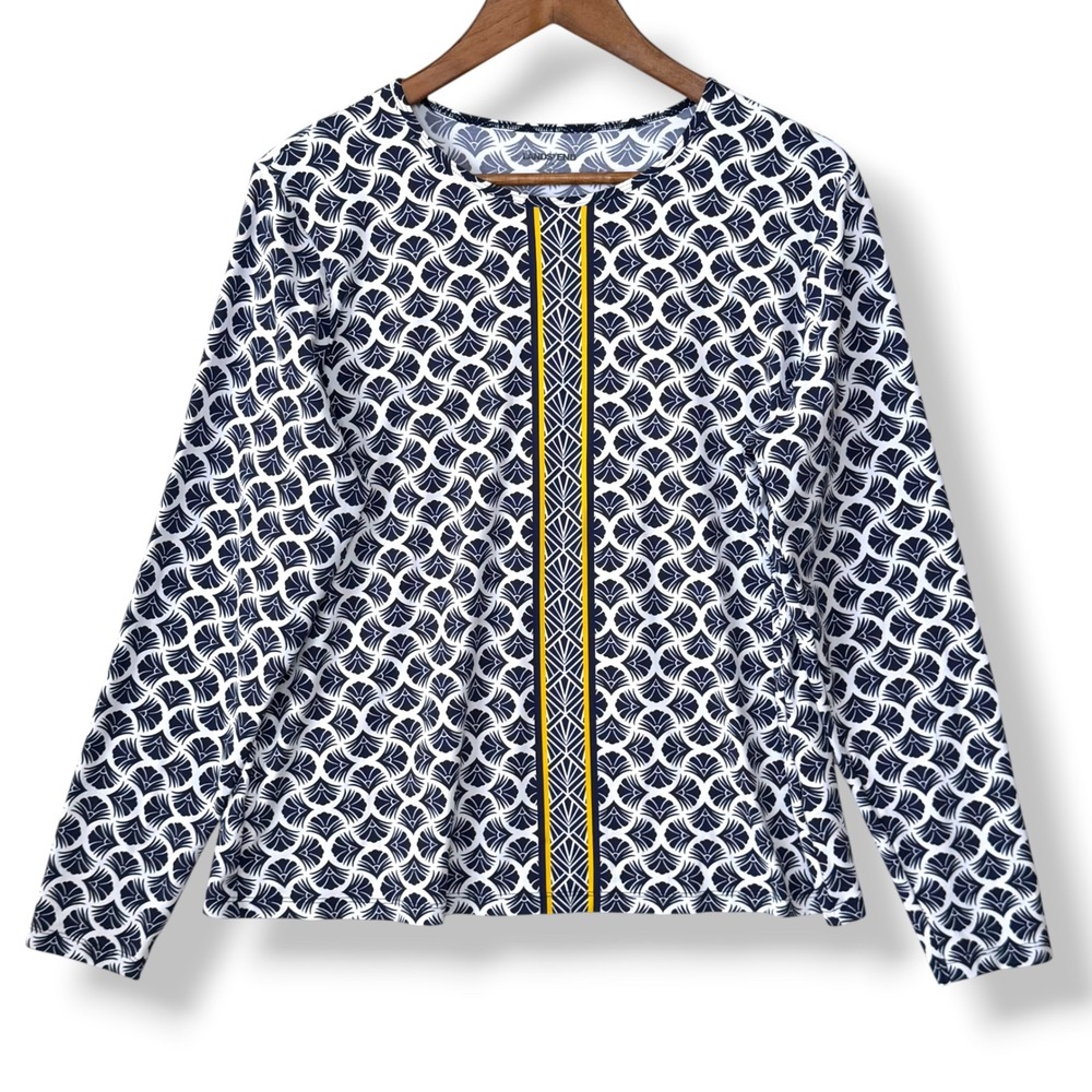 Lands' End Long Sleeve Swim Shirt L/P 14-16 Navy White Geometric Rash Guard Top